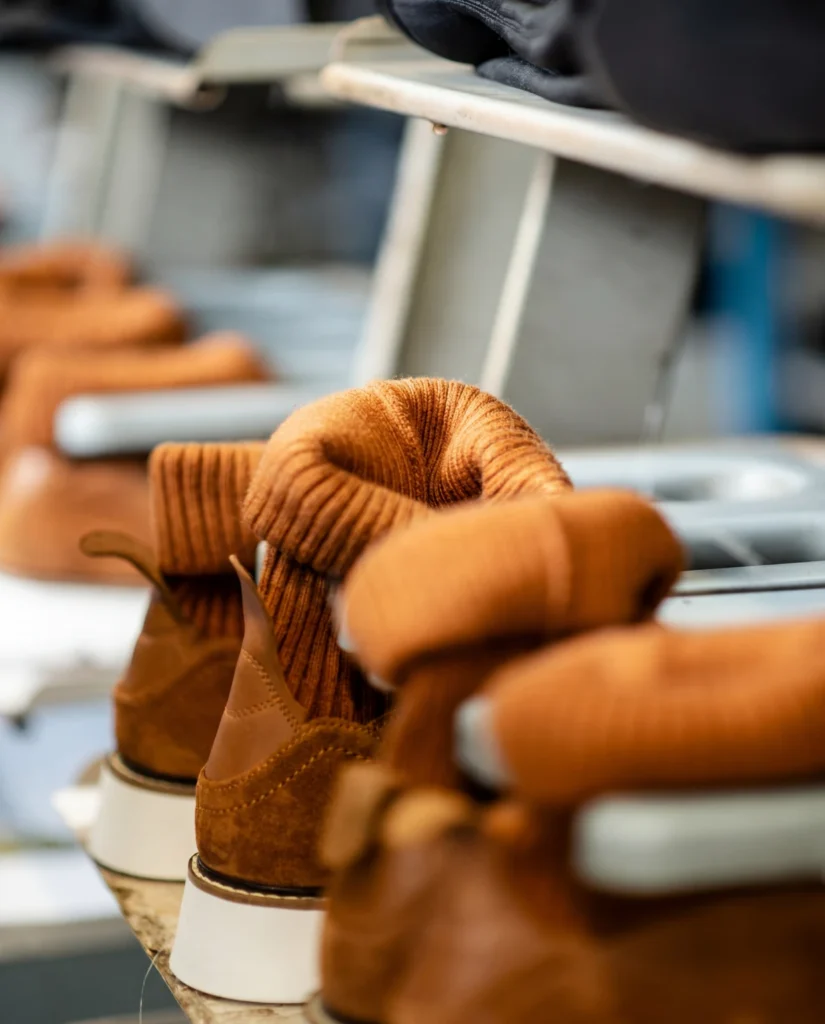 Tan suede boots on the production line at Foot On Shoes